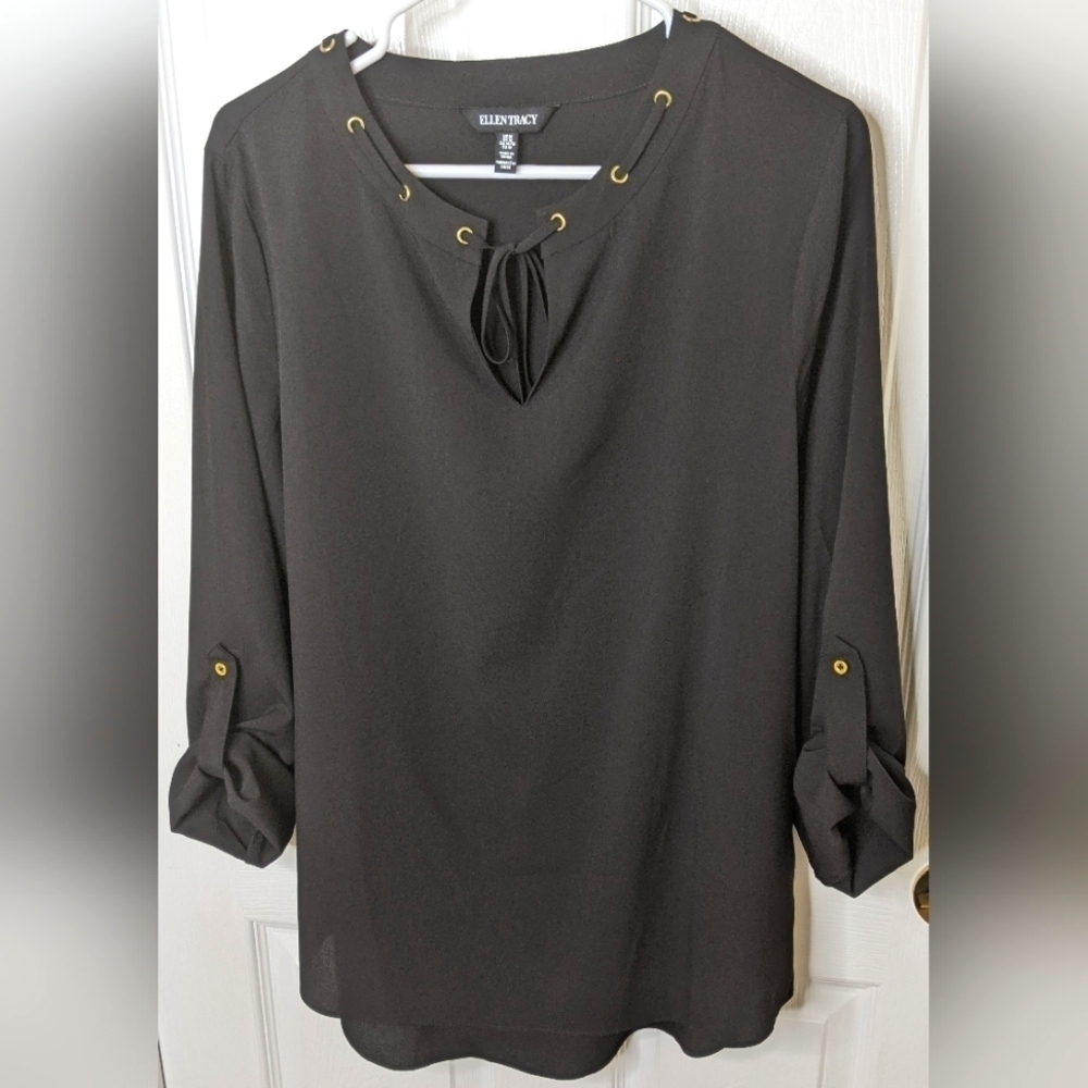 Ellen Tracy Women's Black Top Blouse Laced Grommets Roll Tab Sleeves Size Medium